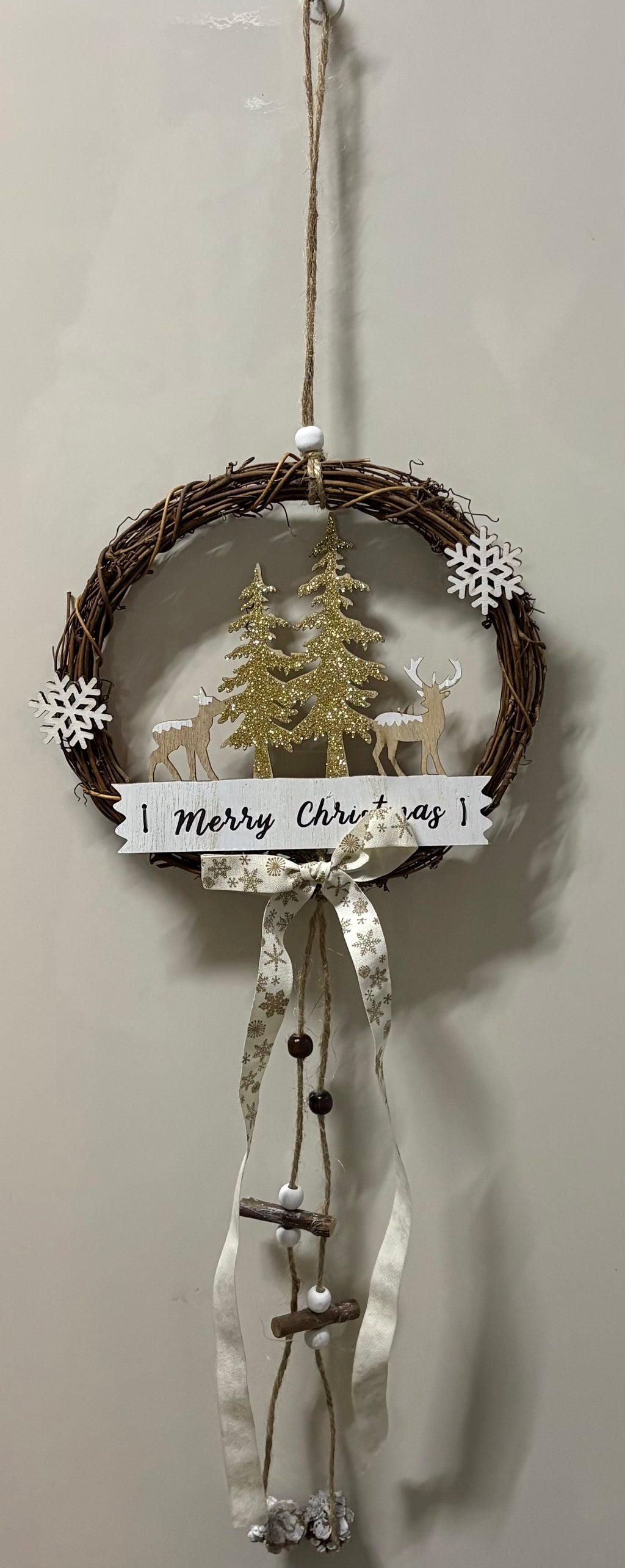 Small Merry Christmas Glitter Wreath with Ribbon & Cones