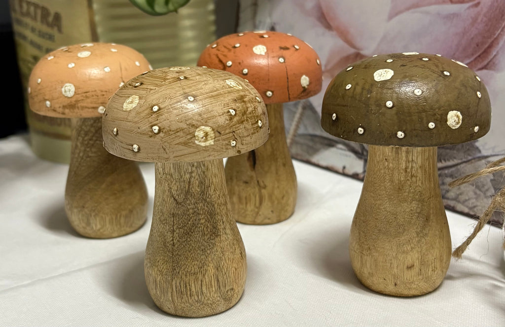 Set of 4 x Different Coloured 10cm Wooden Mushrooms