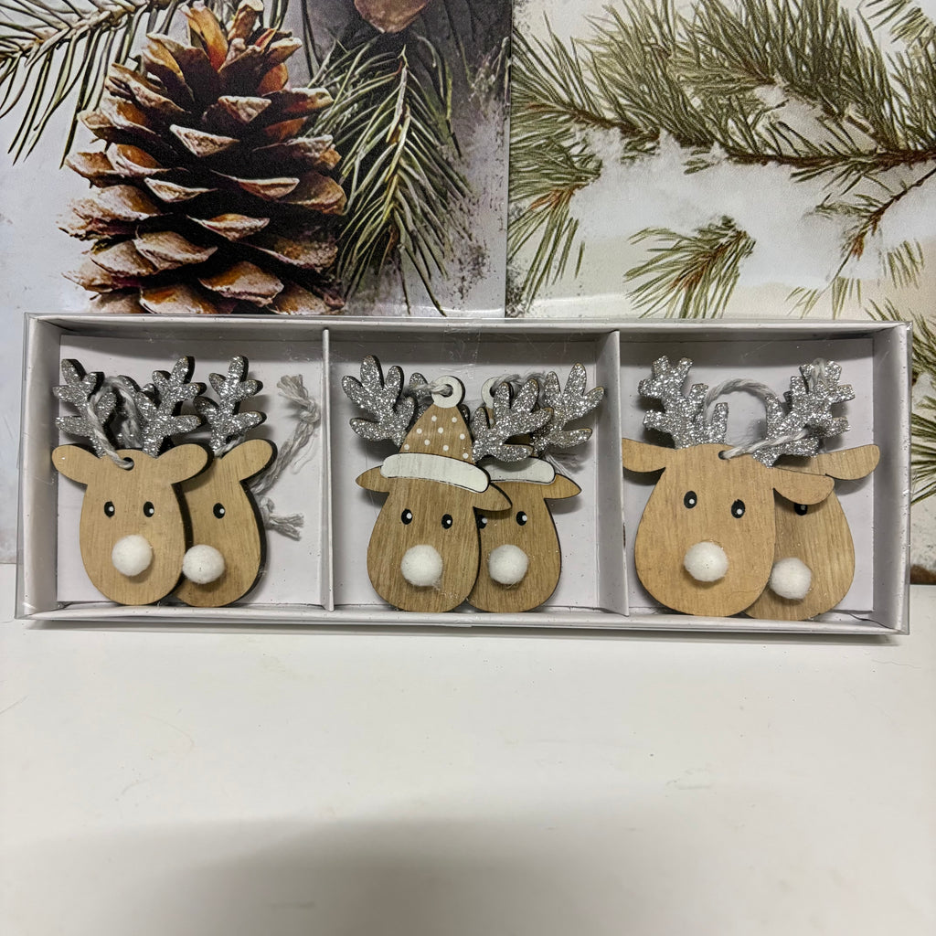 Set of 6 x Wooden Glitter Reindeer Christmas Tree Hanging Decorations