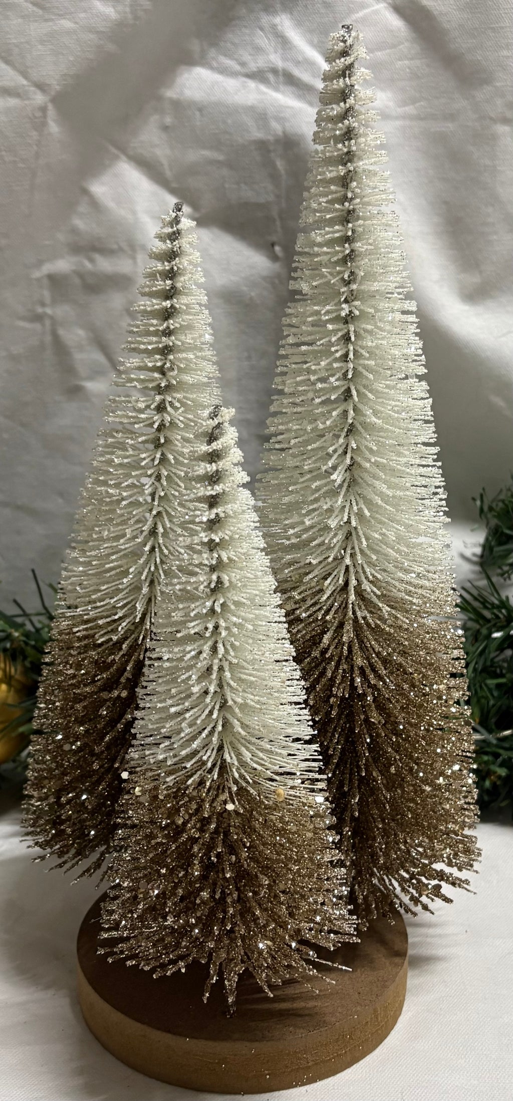Gold & White Glitter Bottle Brush Tree Trio on Stand
