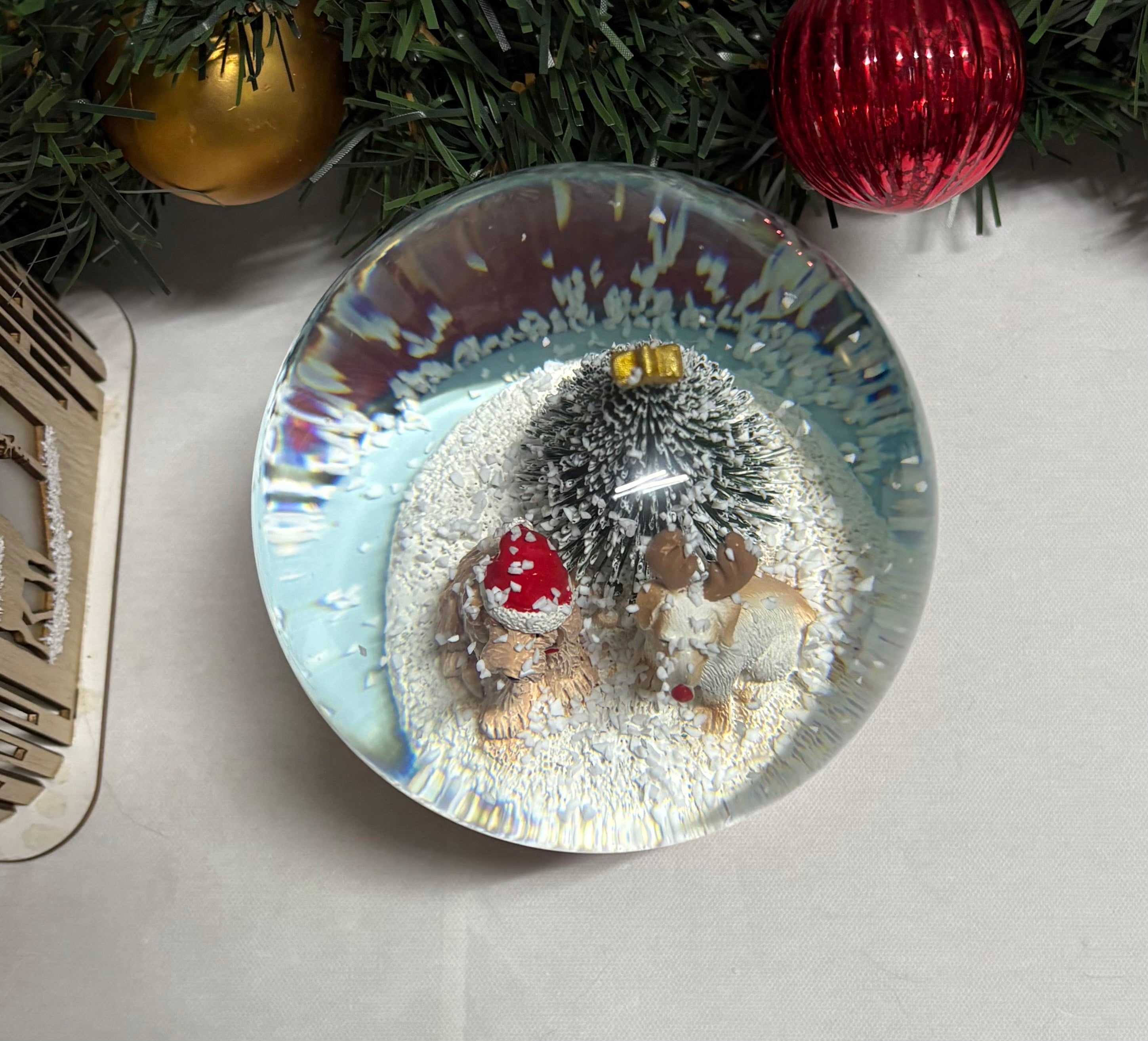 Beautiful Medium Sized Dogs & Tree Snow Globe with Red Base