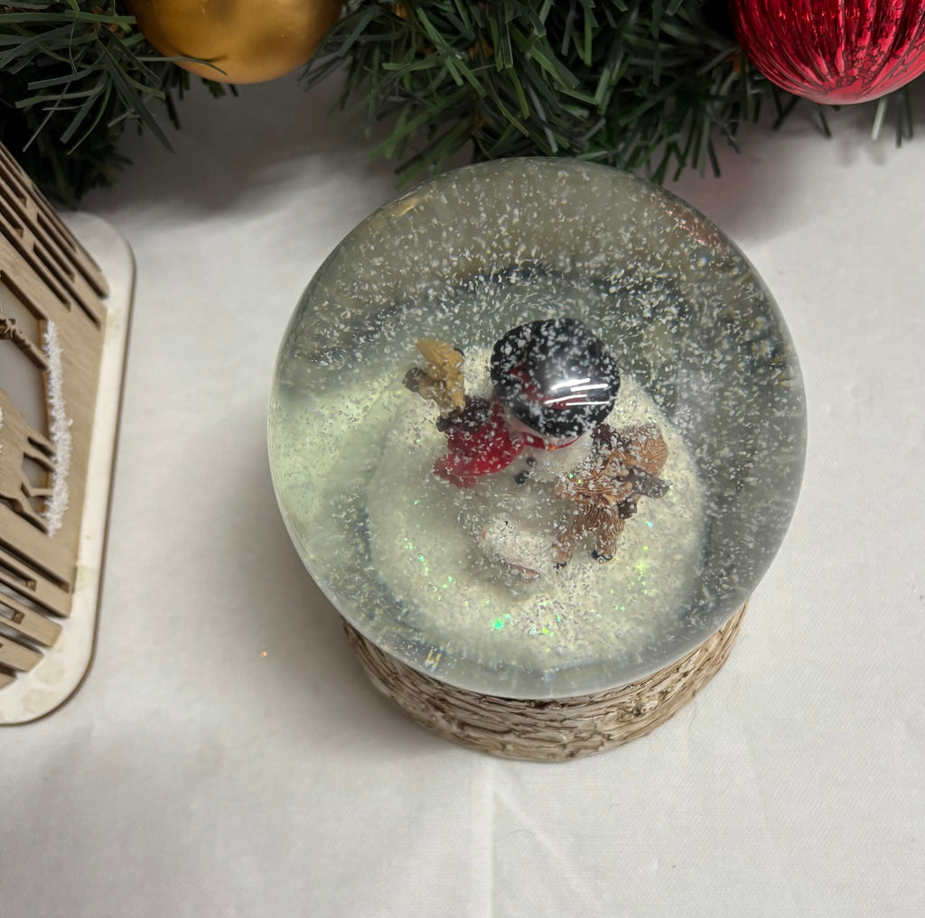 Beautiful Medium Sized Snowman with Rustic Base Snow Globe