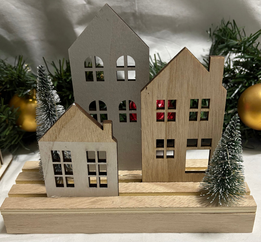Light Up LED Wooden House & Tree Scene