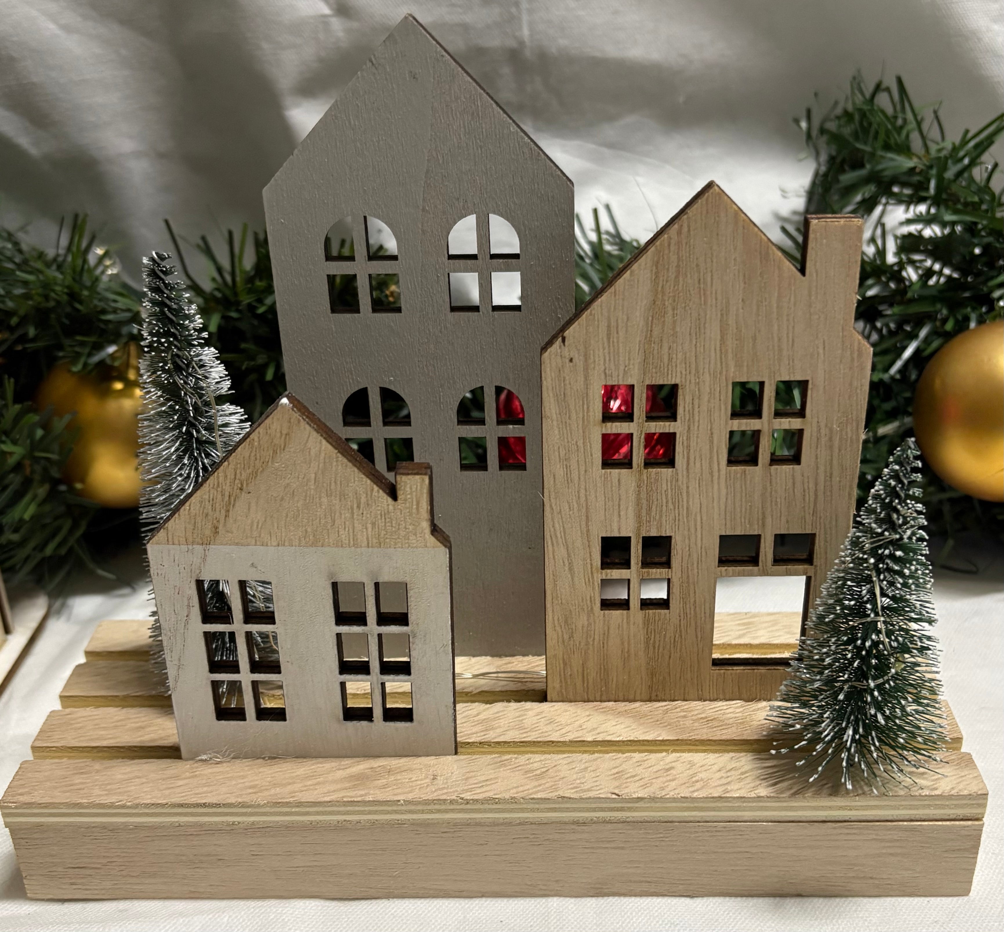 Light Up LED Wooden House & Tree Scene