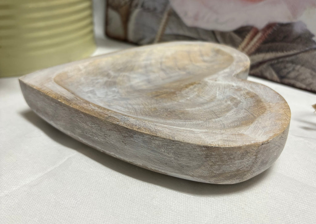 White Wooden Heart Dish, 15cm
