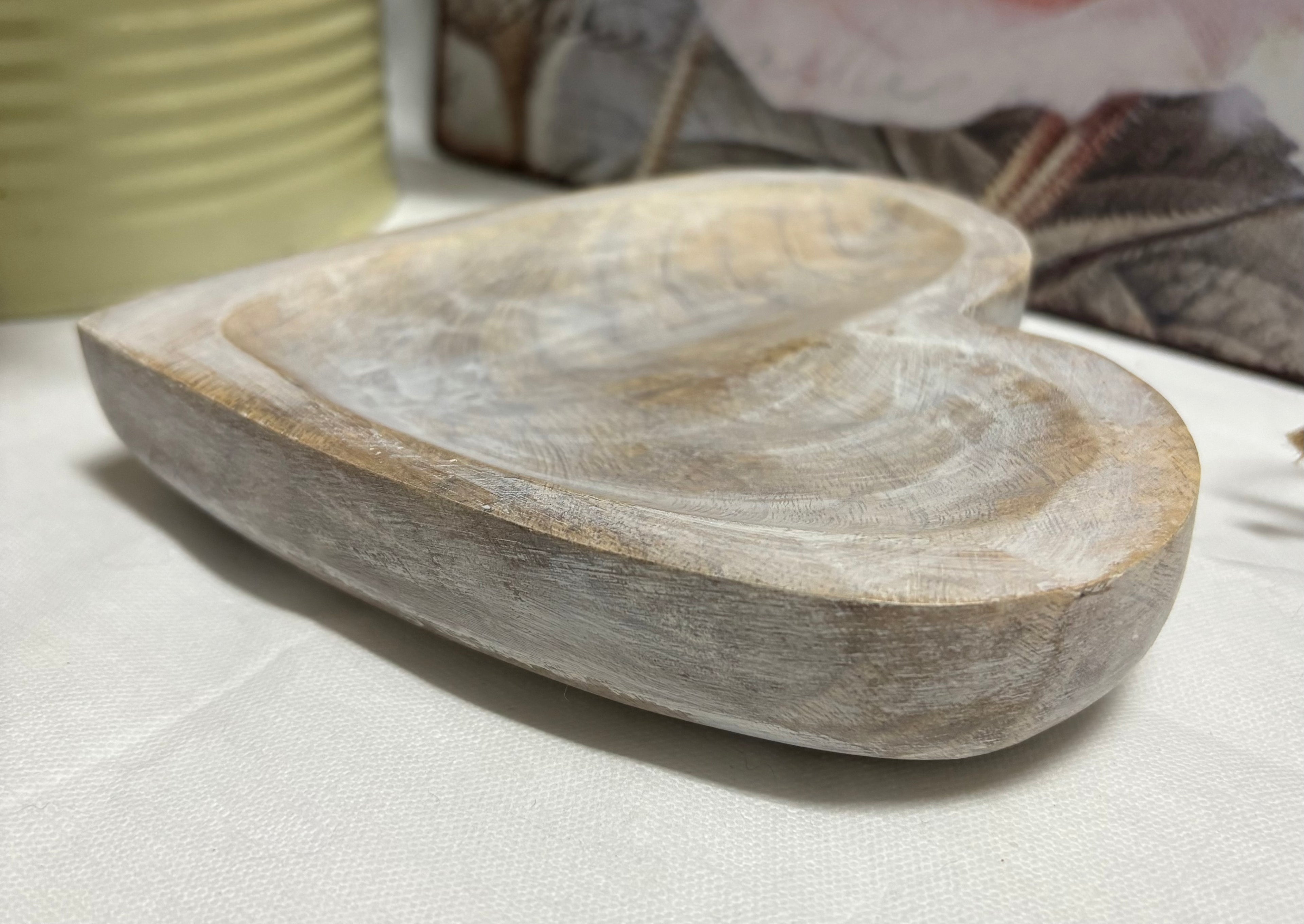 White Wooden Heart Dish, 15cm