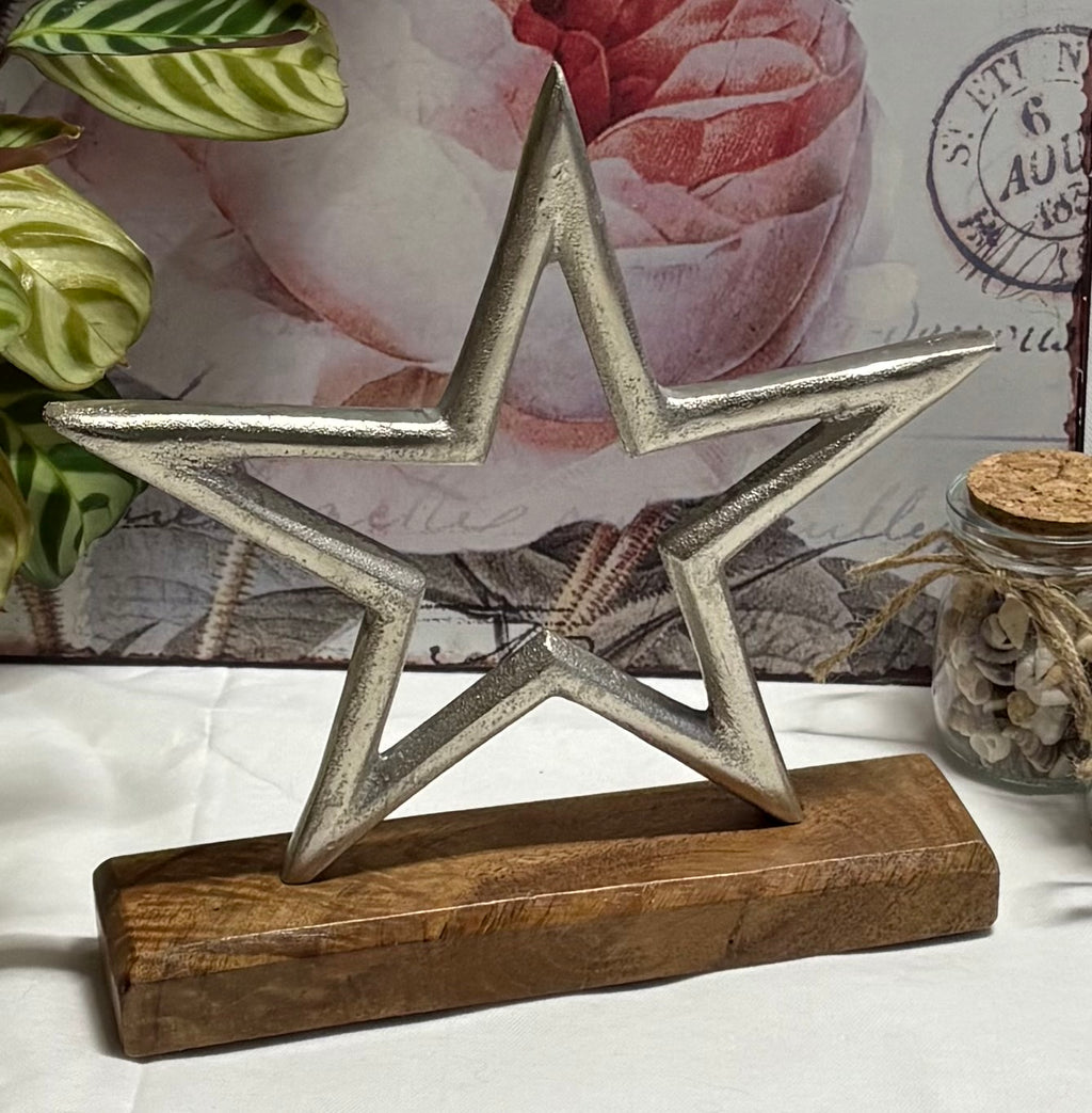 Metal Star on Wooden Stand Rustic Ornament
