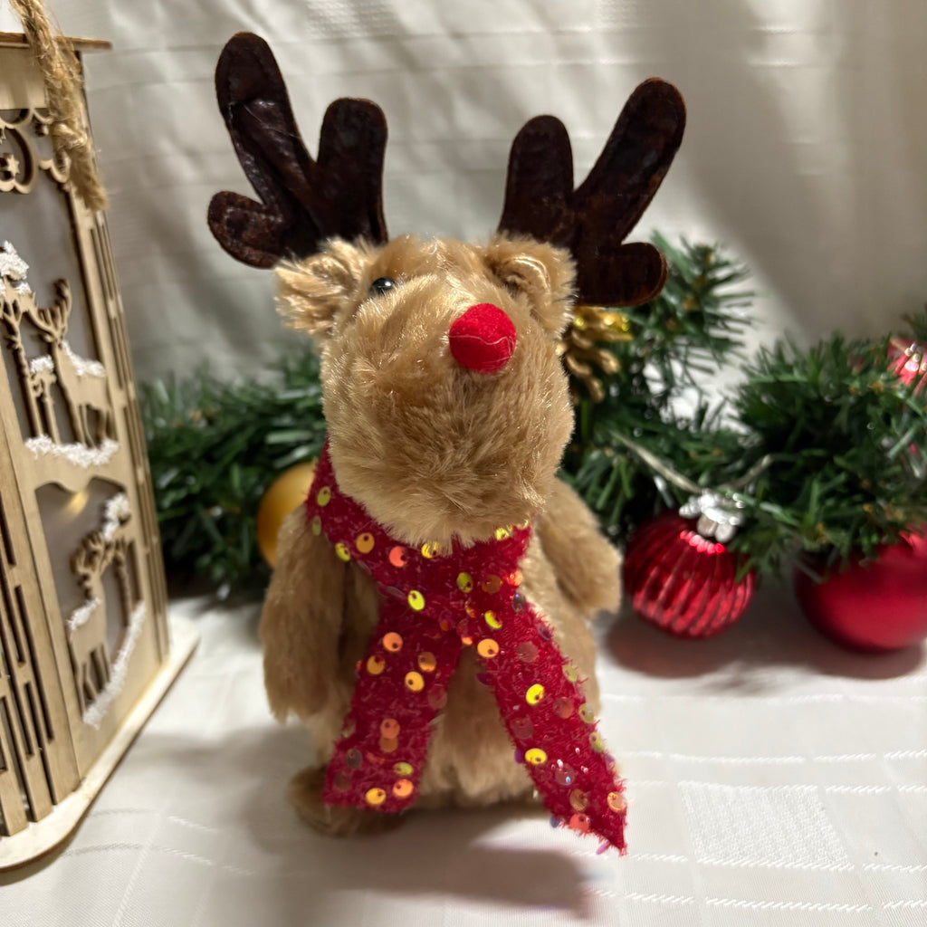 Fluffy Reindeer Plush with Red Sequin Scarf Ornament & Stocking Set