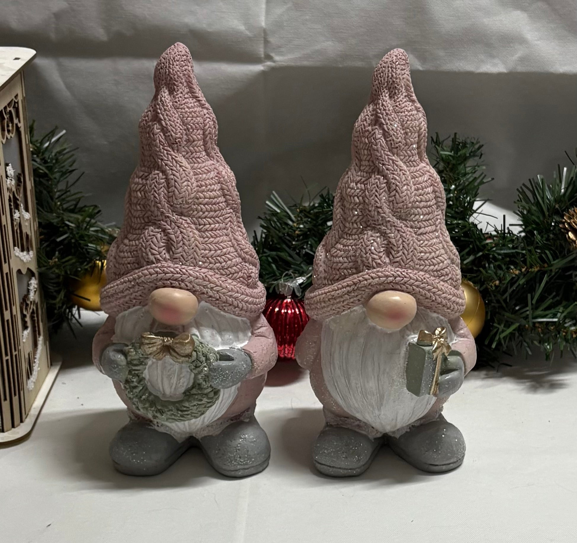 Pair of Pink Gonk Resin Christmas Decorations