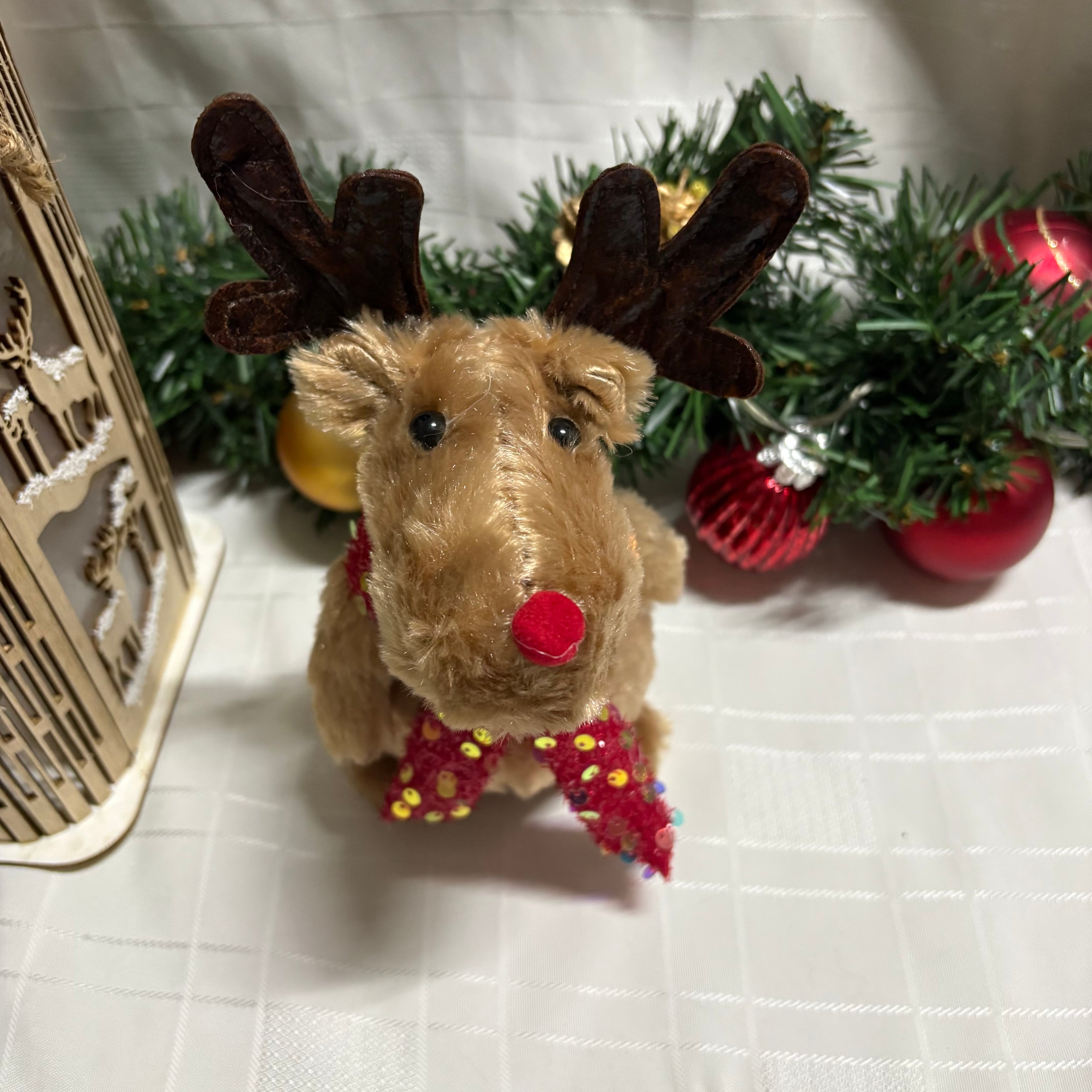 Fluffy Reindeer Plush with Red Sequin Scarf Ornament & Stocking Set