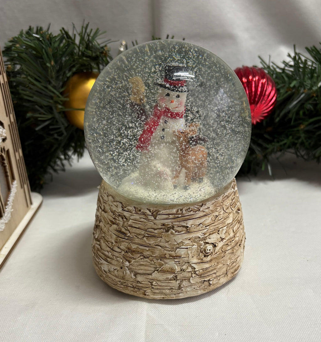 Beautiful Medium Sized Snowman with Rustic Base Snow Globe
