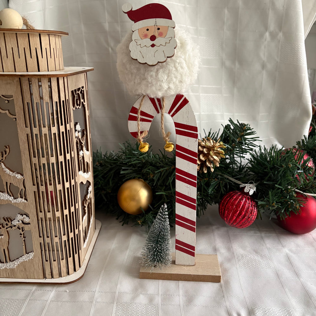 Wooden Candy Cane with Santa & Bells Christmas Ornament