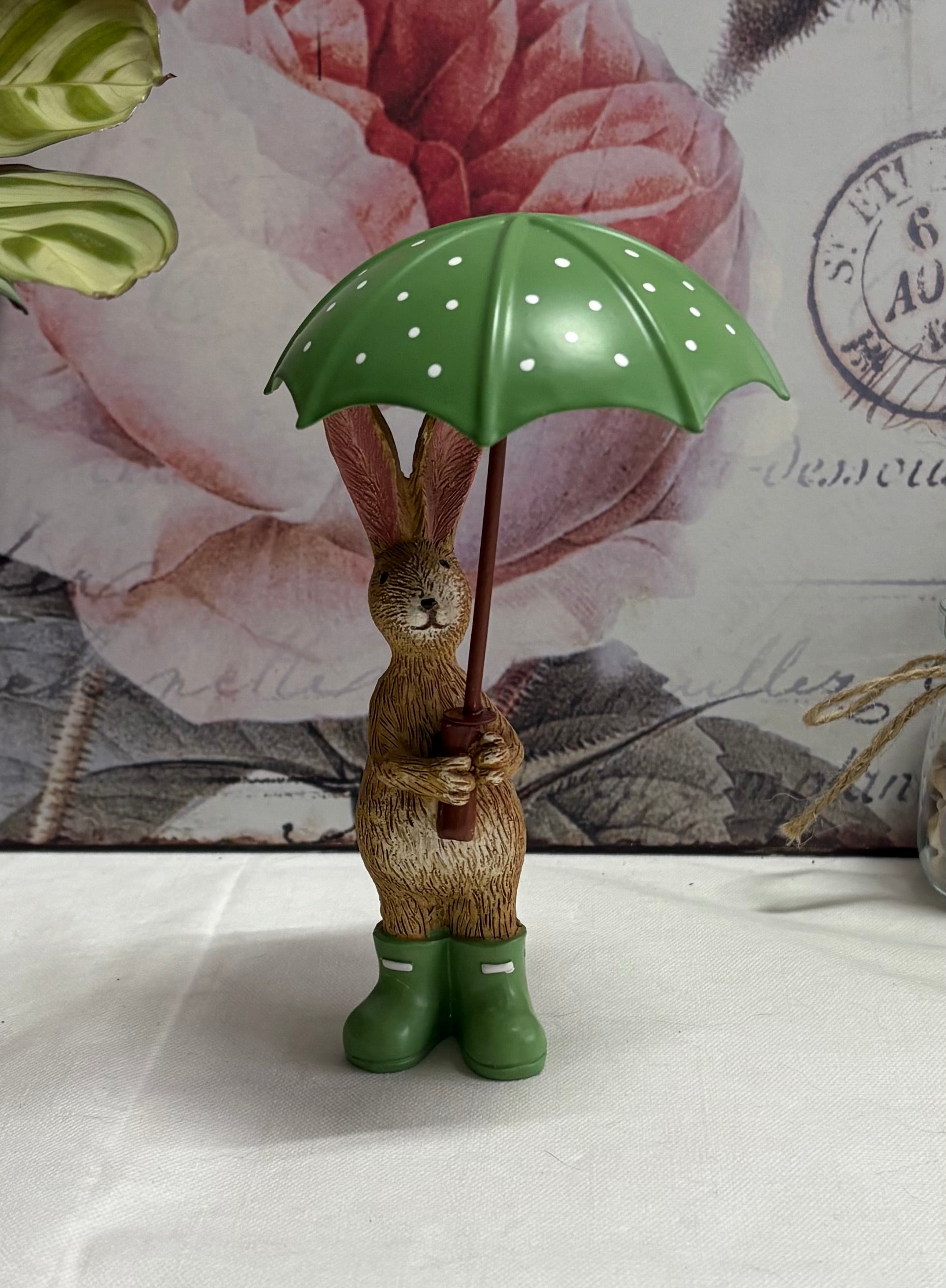 Standing Brown Bunny Rabbit with Green Umbrella Figure Ornament