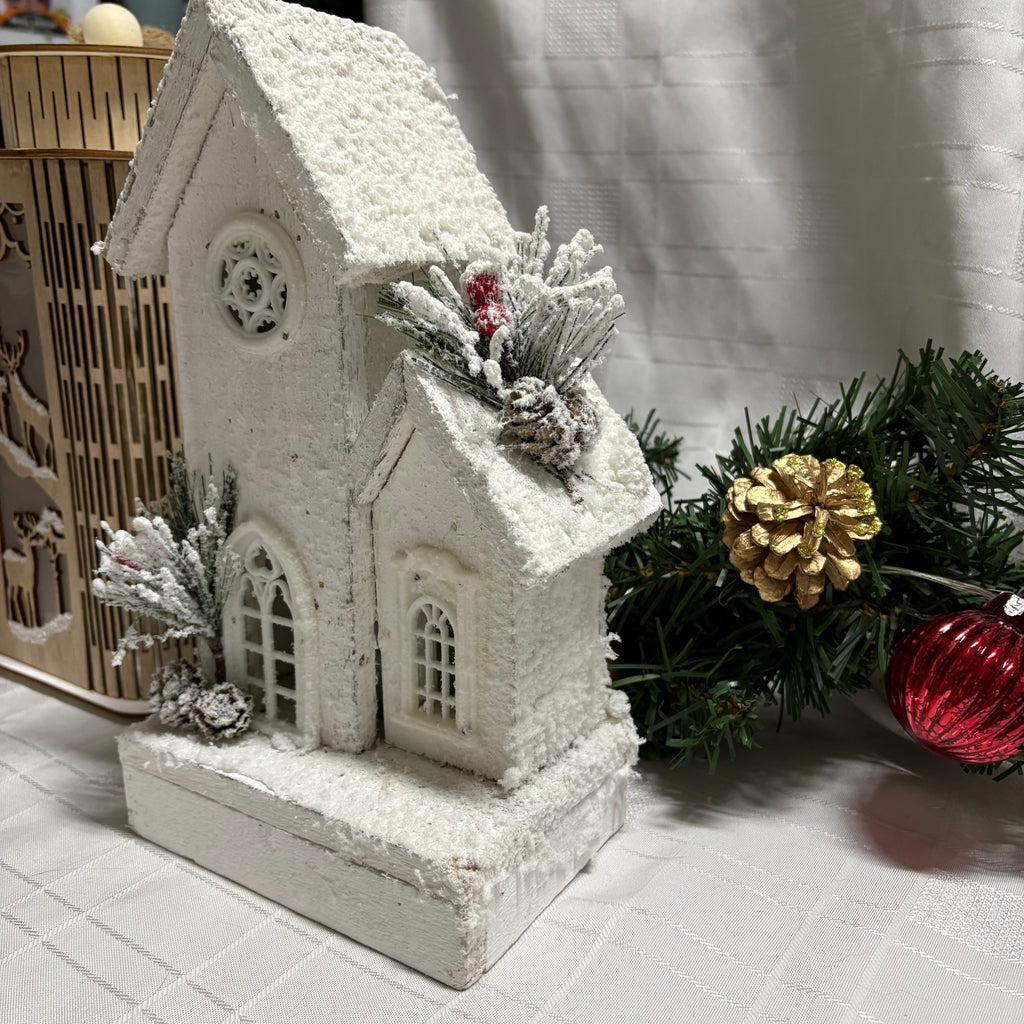White Snow Covered Wooden LED Light Up House Ornament