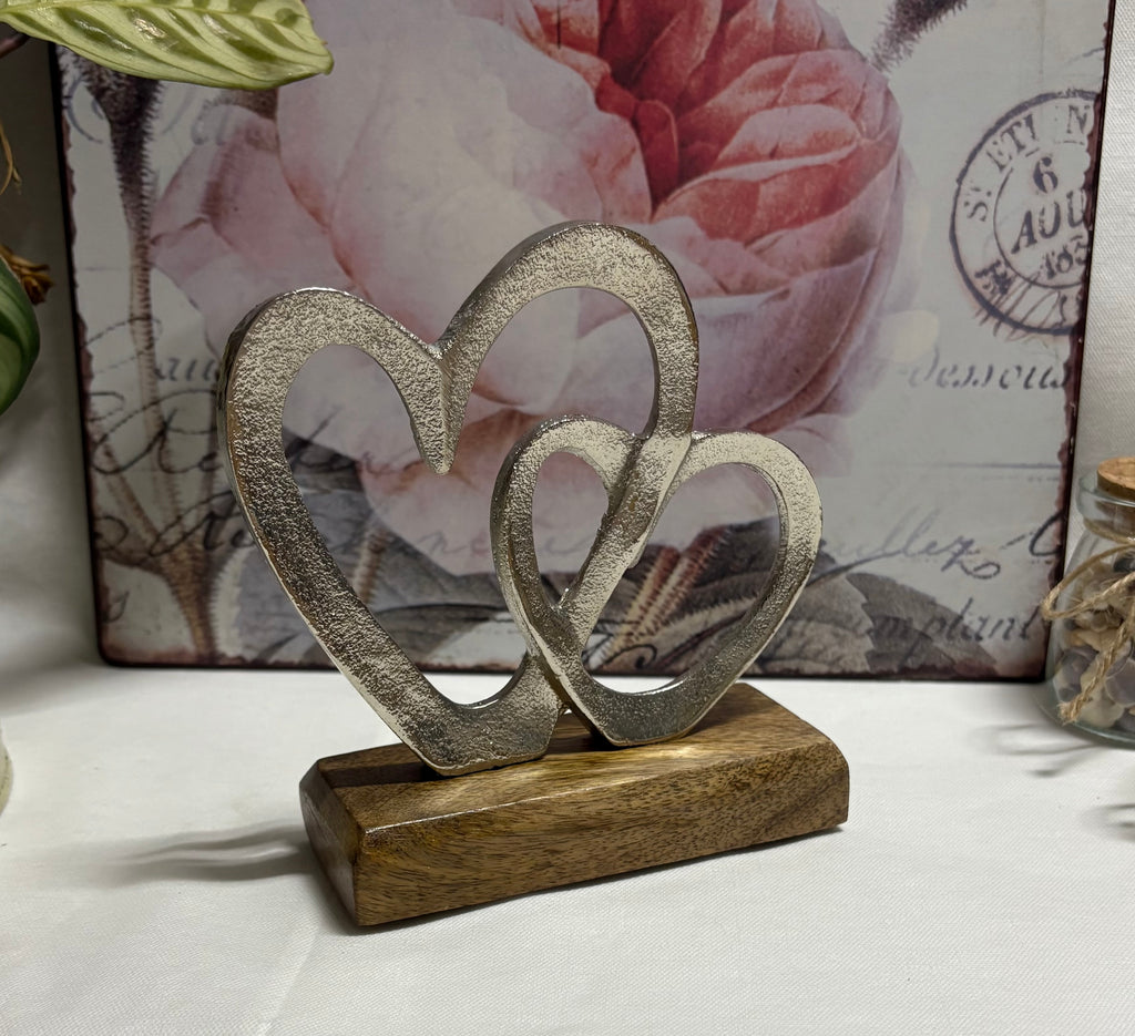 Metal Hearts on Wooden Base Ornament