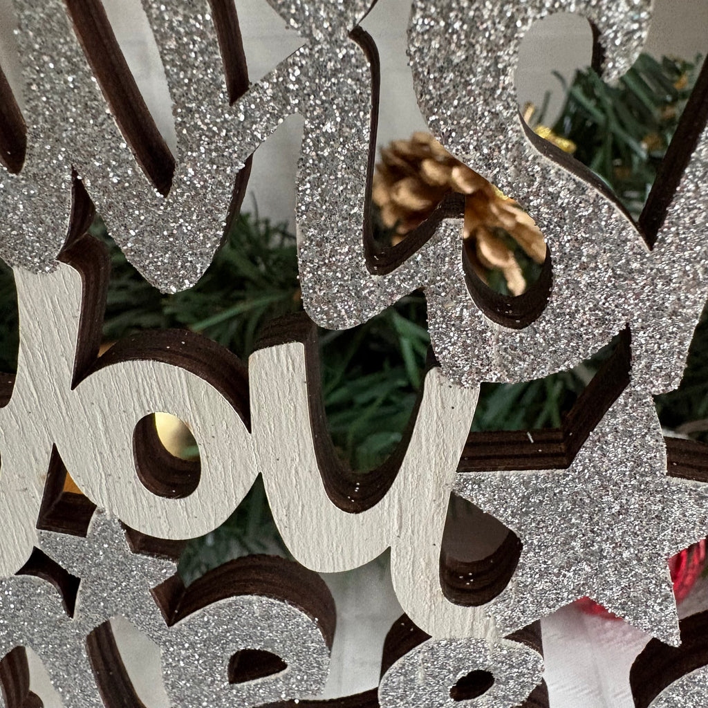 Rocking Silver & White Glitter Merry Christmas Wooden Ornament