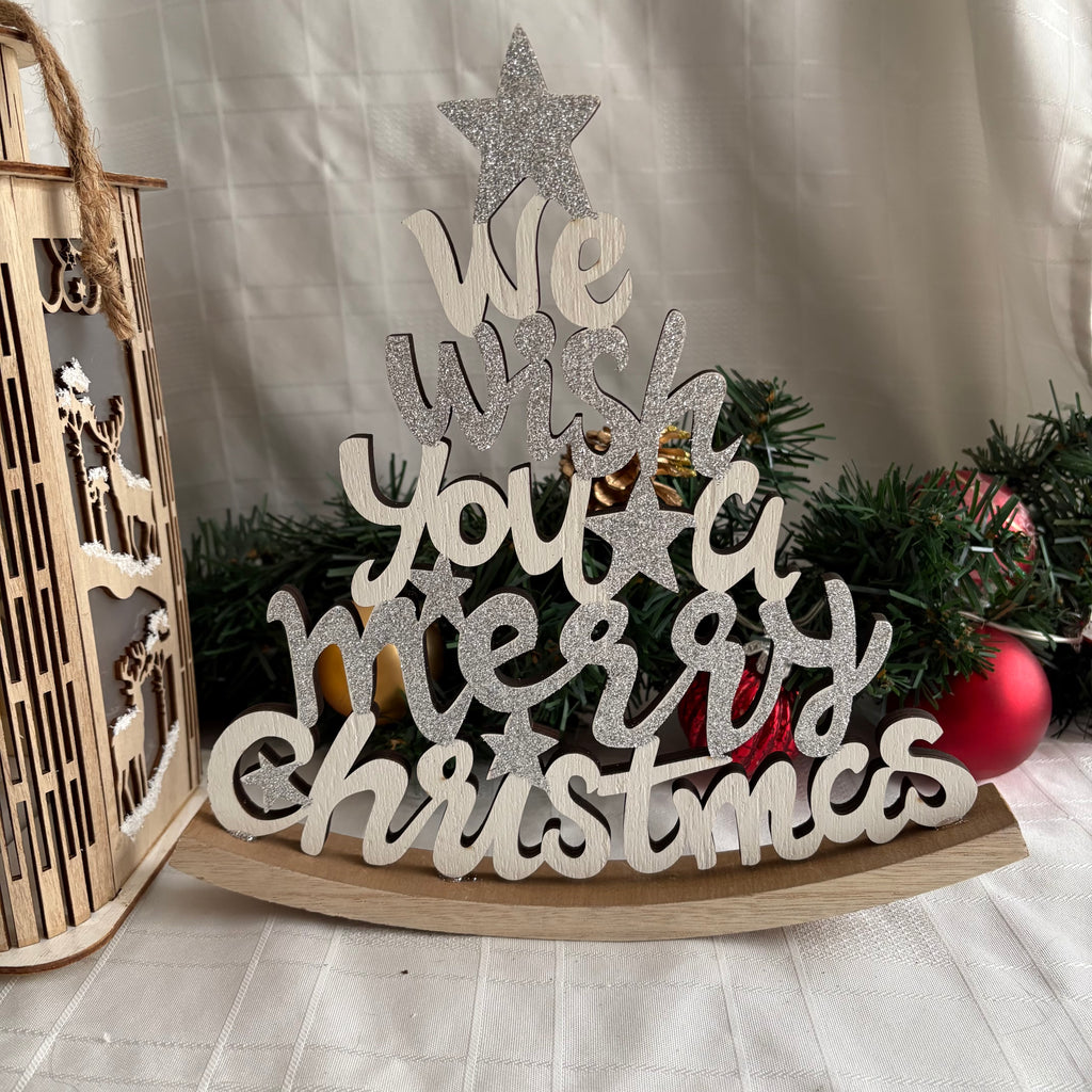 Rocking Silver & White Glitter Merry Christmas Wooden Ornament