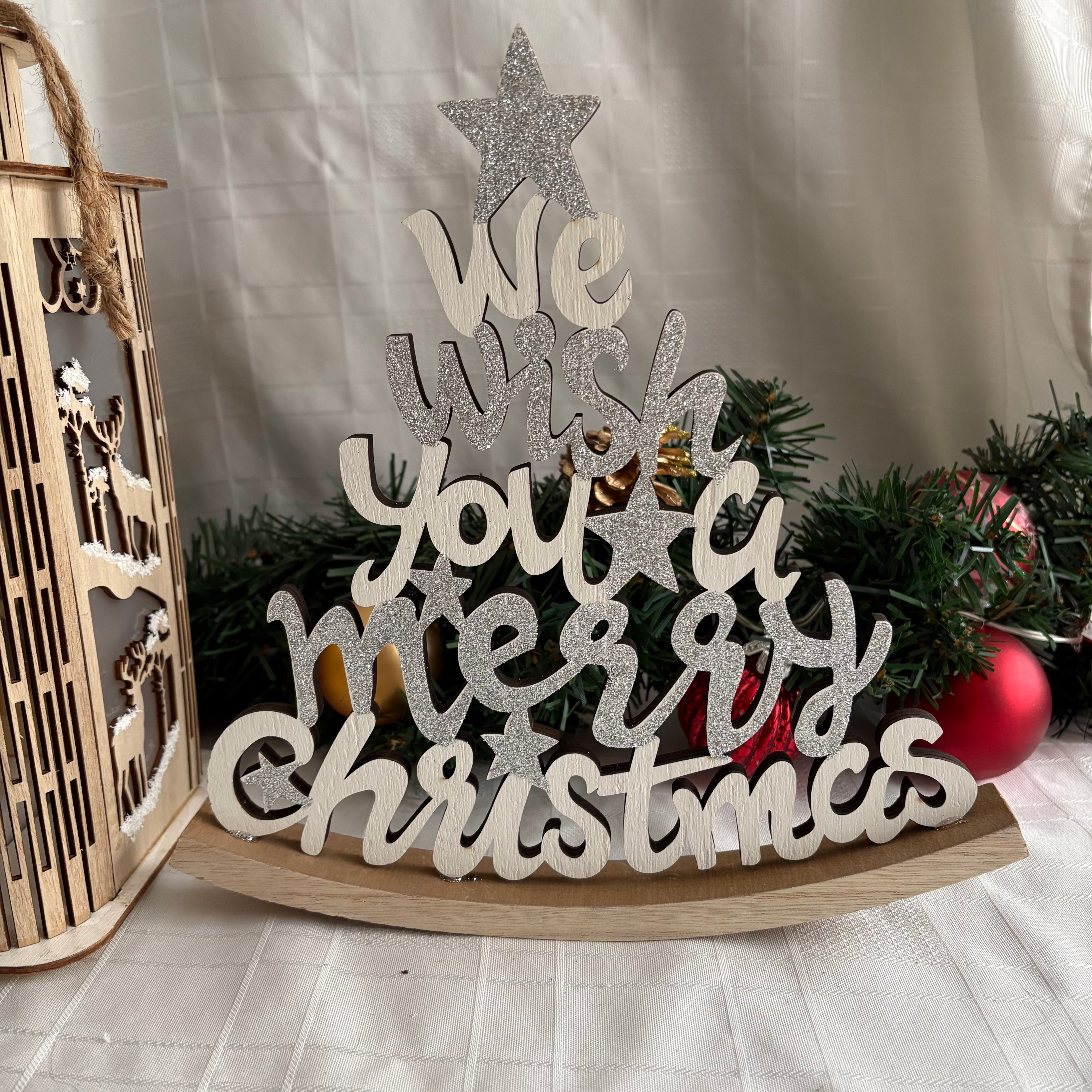 Rocking Silver & White Glitter Merry Christmas Wooden Ornament
