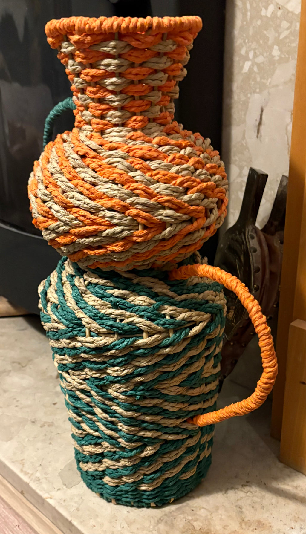 Large Orange And Green Rope Vase With Handles