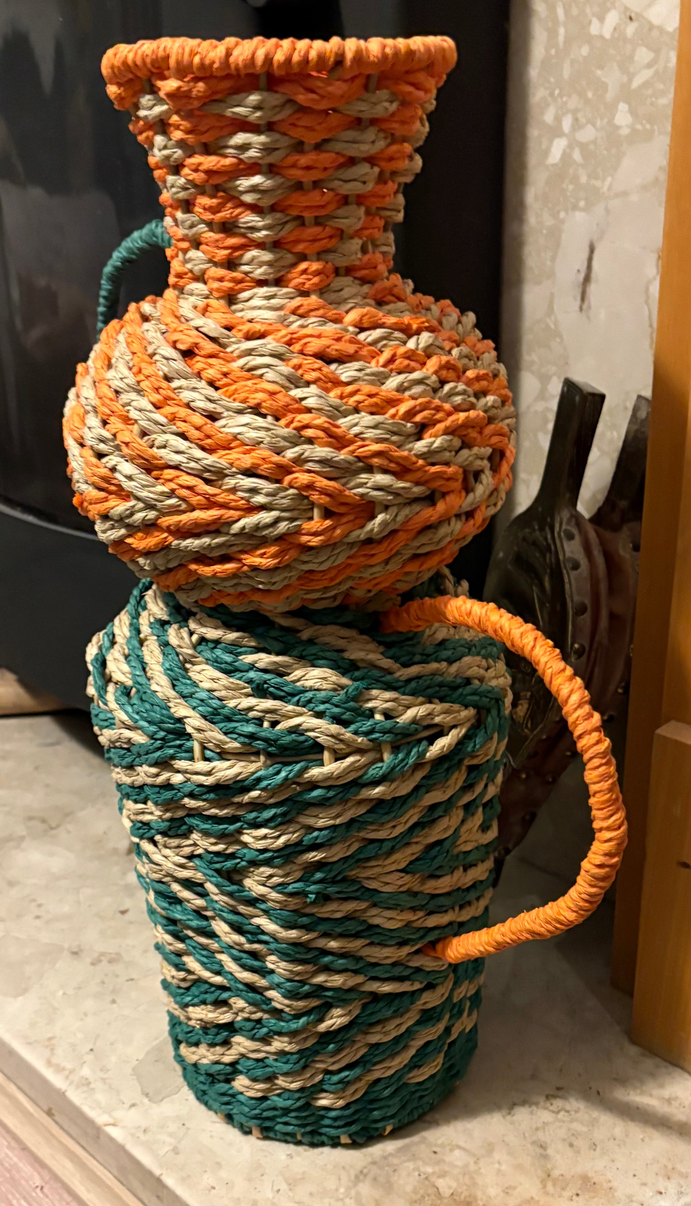 Large Orange And Green Rope Vase With Handles