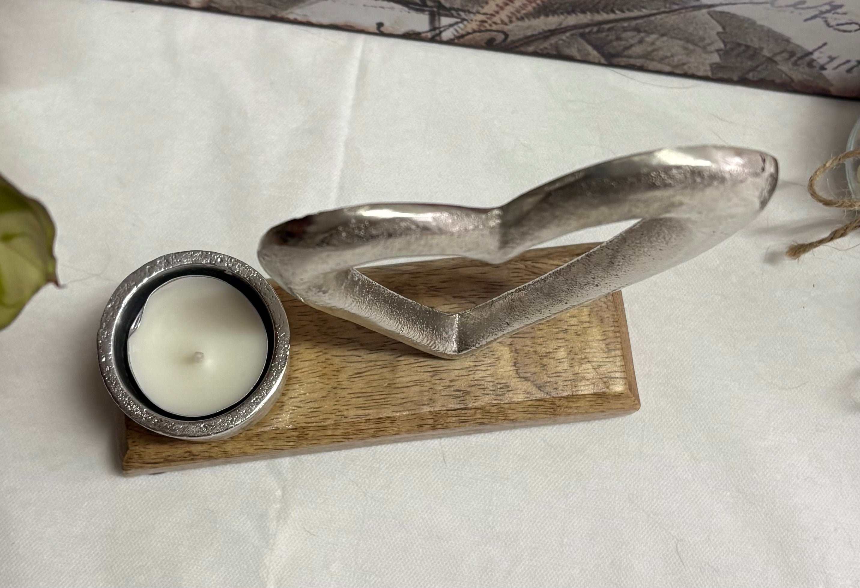 Metal Heart with T-Light Holder on Wooden Base, 17cm