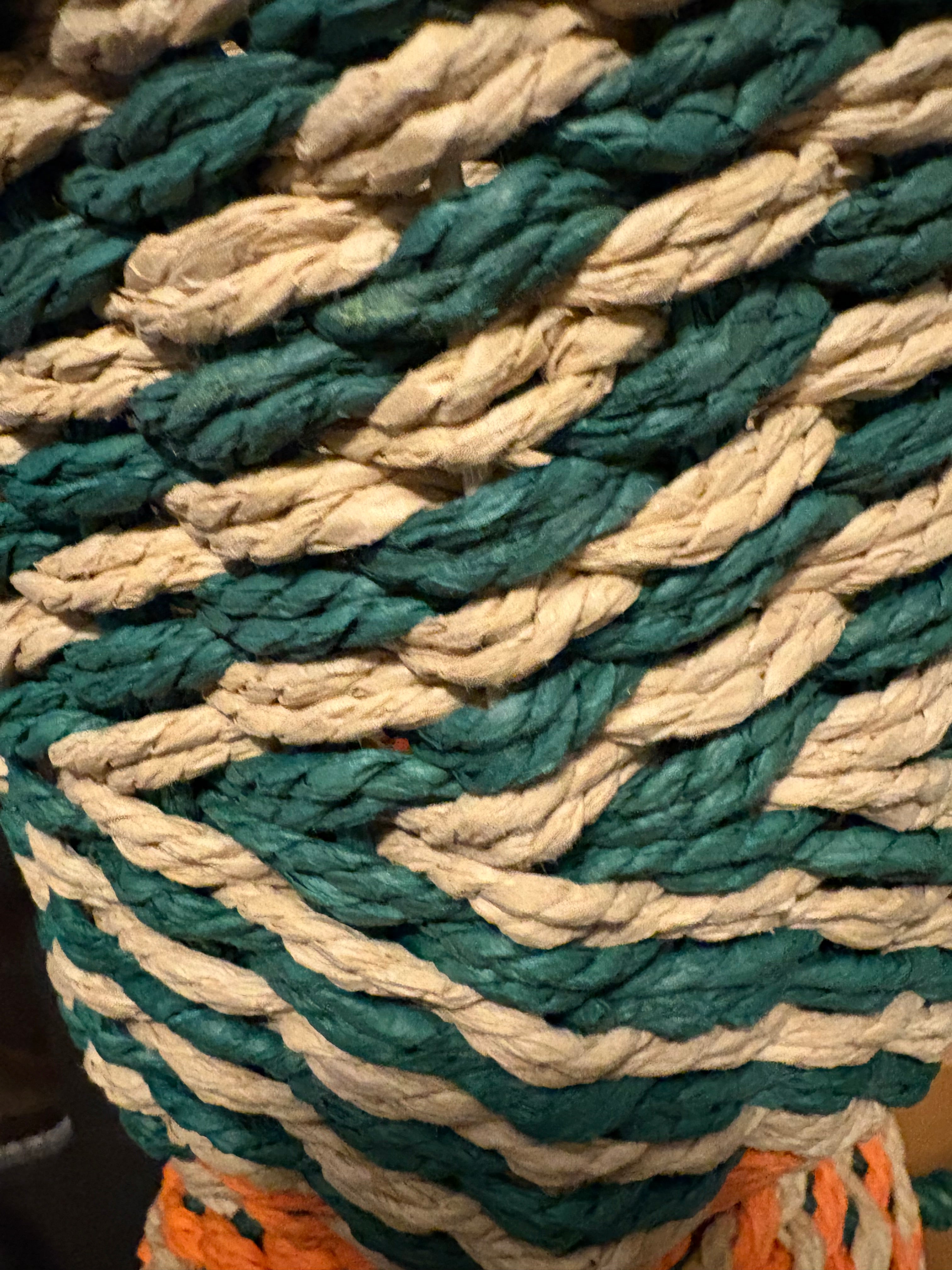 Large Orange and Green Rope Vase With Shaped Handles