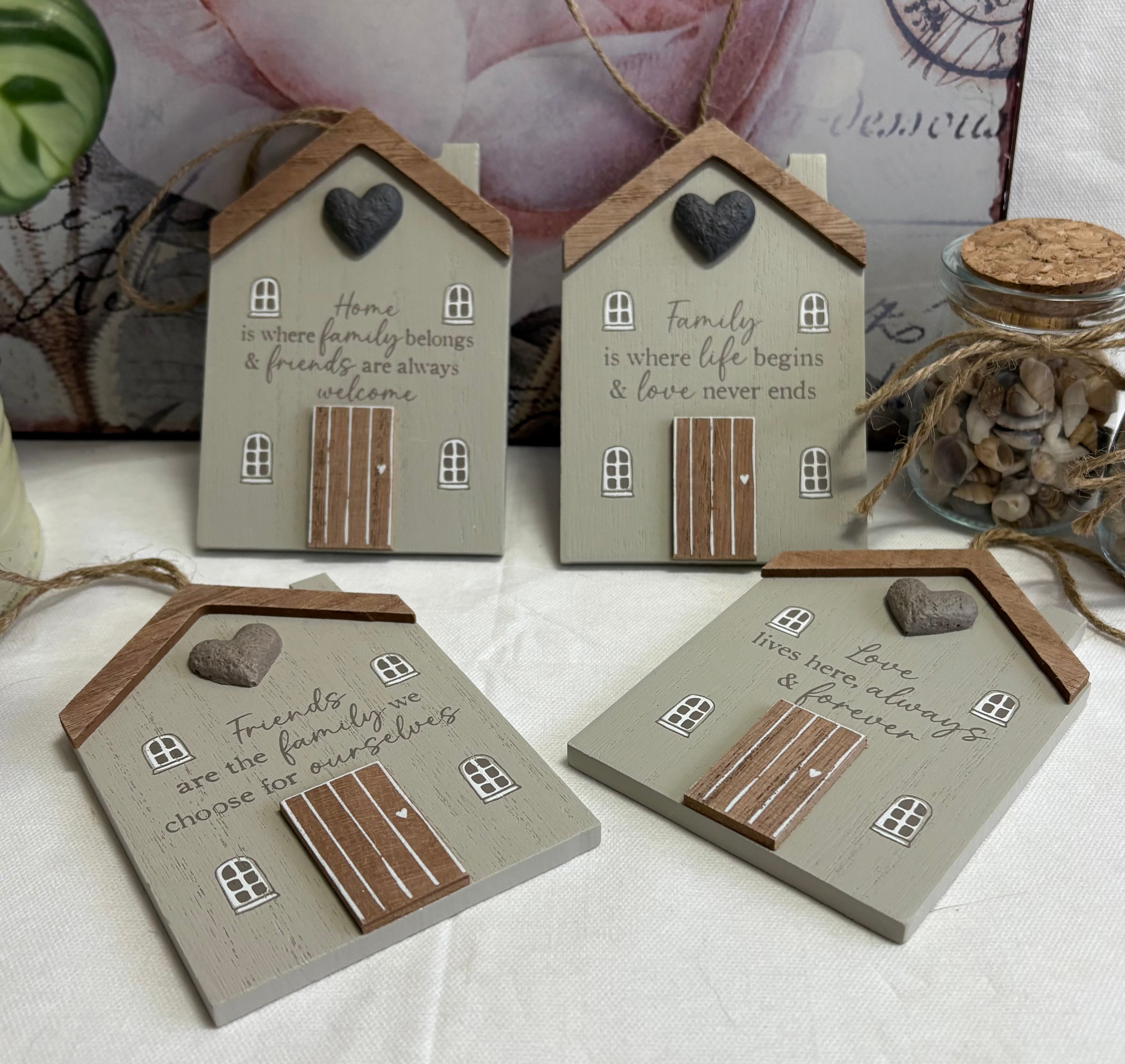 Set of 4 x Wooden House Hanger Ornaments, 12cm