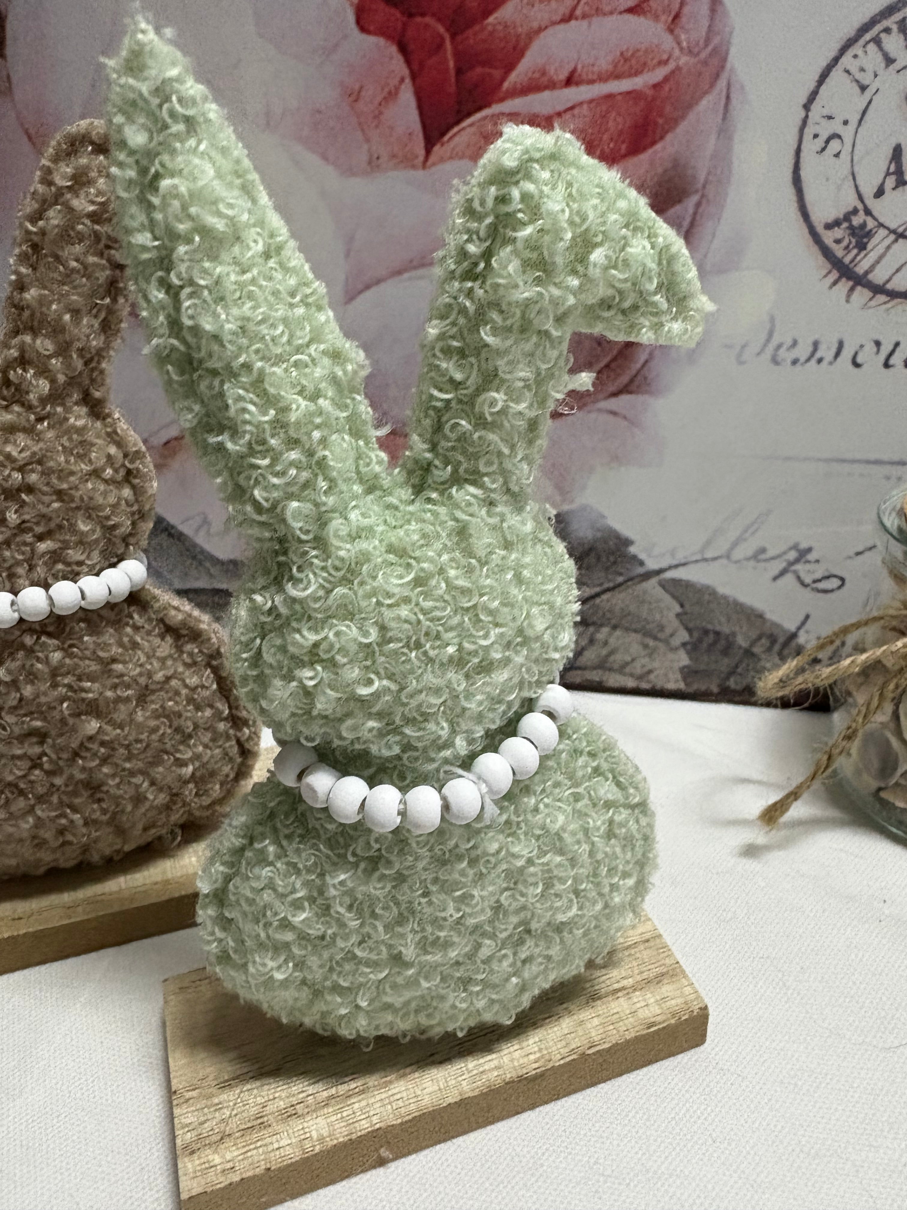 Pair of Sherpa Green And Brown Rabbits on Wooden Base, 17cm