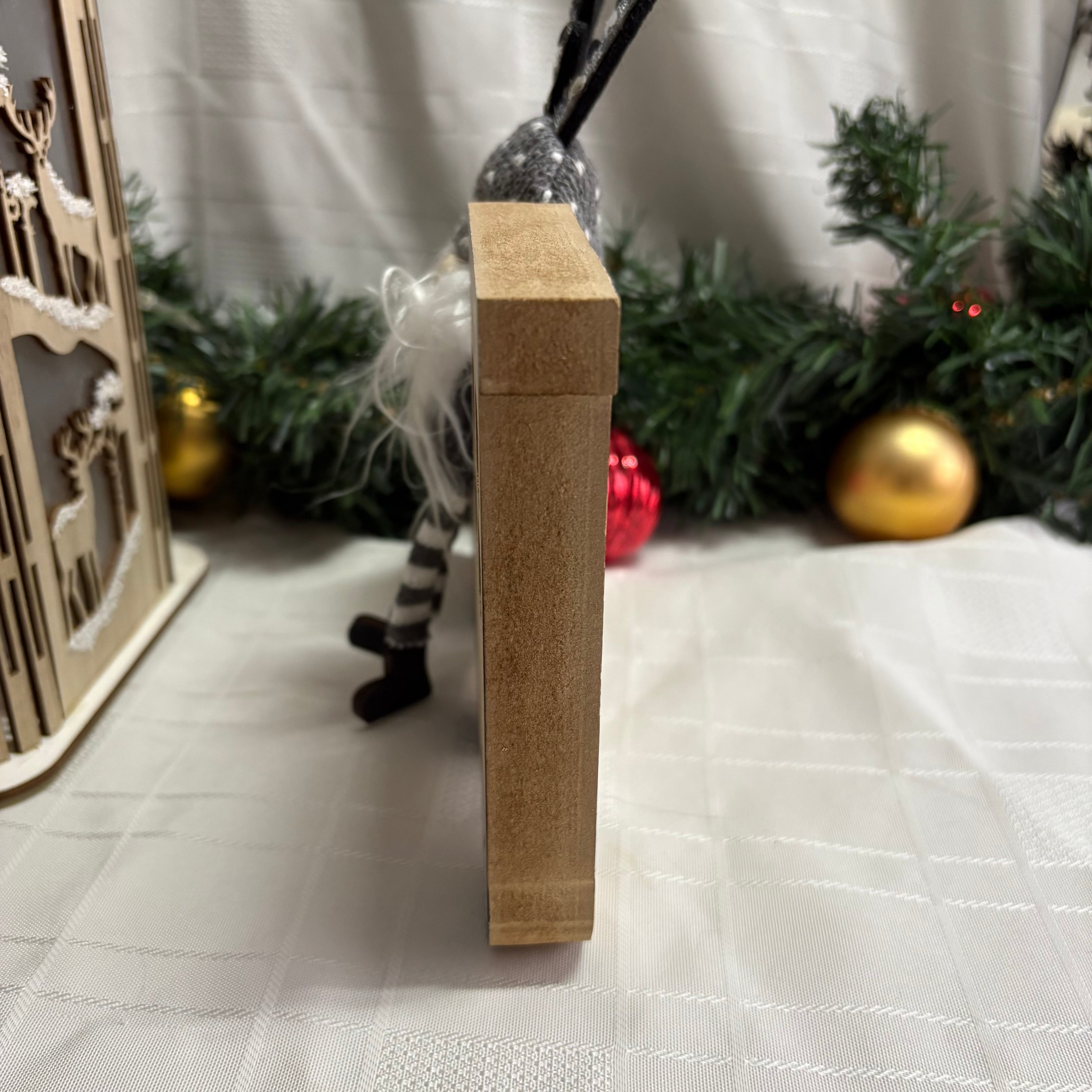 Grey Gonk Sitting On Wooden Train Christmas Ornament
