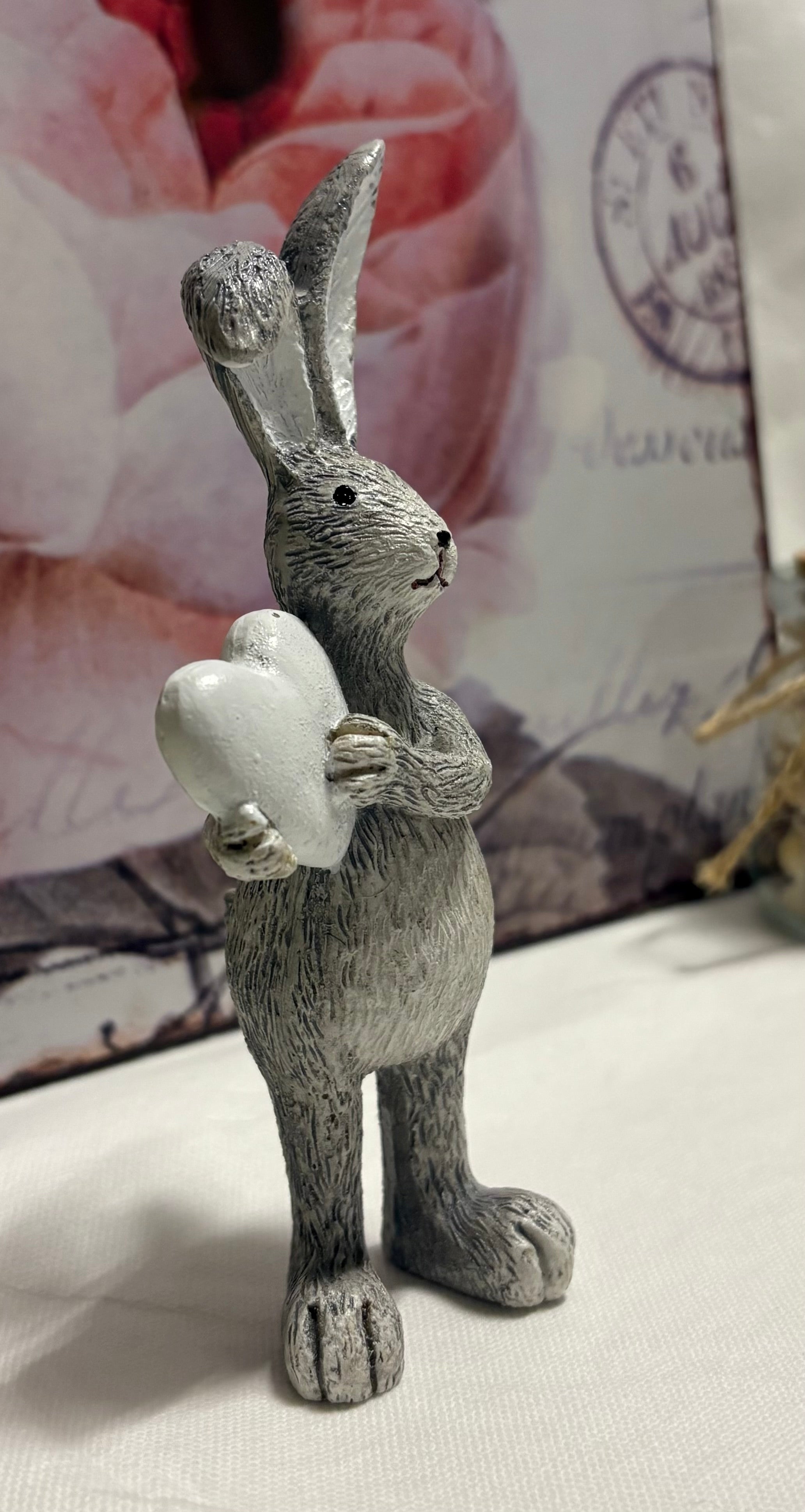 Grey White Heart Standing Bunny Resin Figure