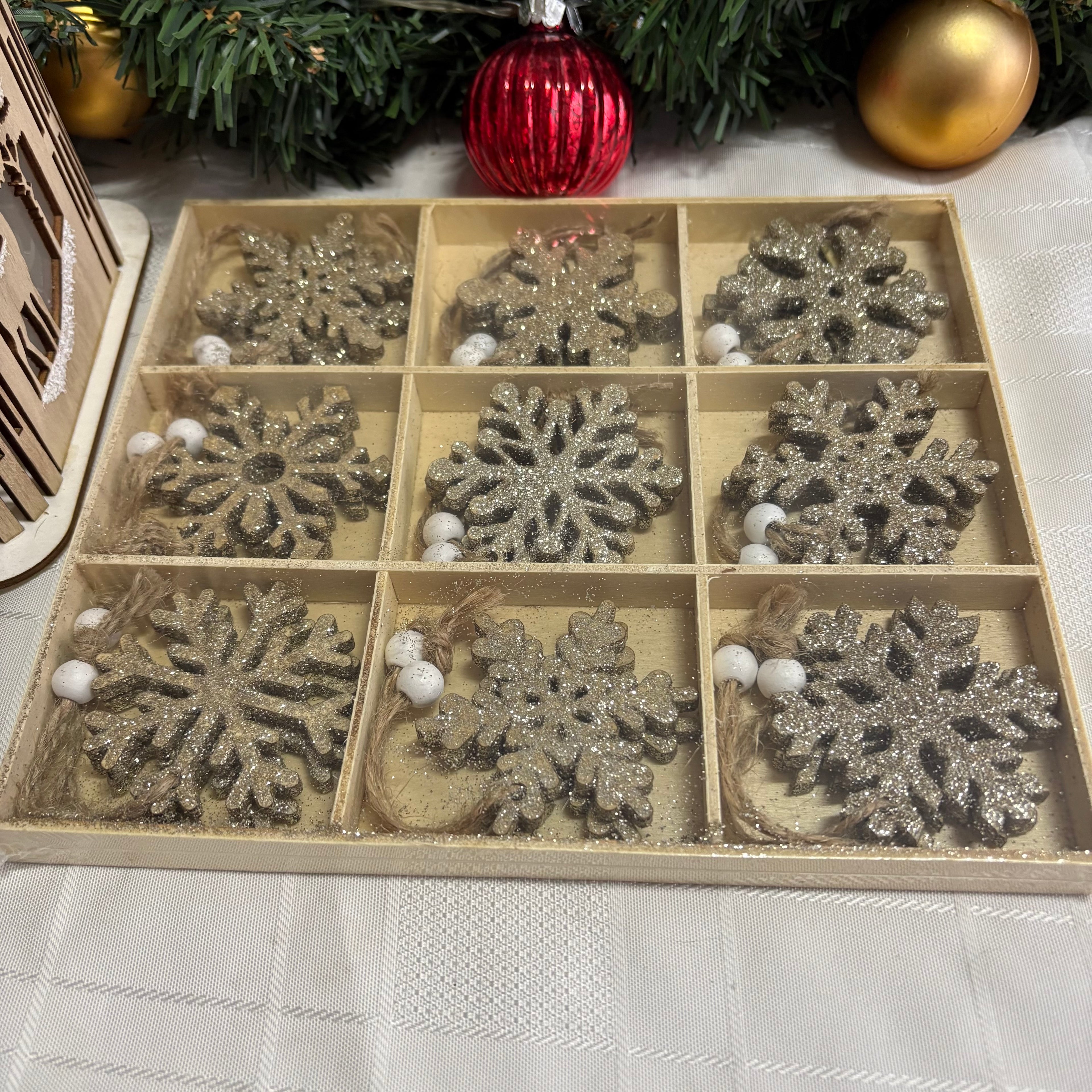 Set of 18 x Gold Glittery Wooden Snowflake Hanging Christmas Decorations