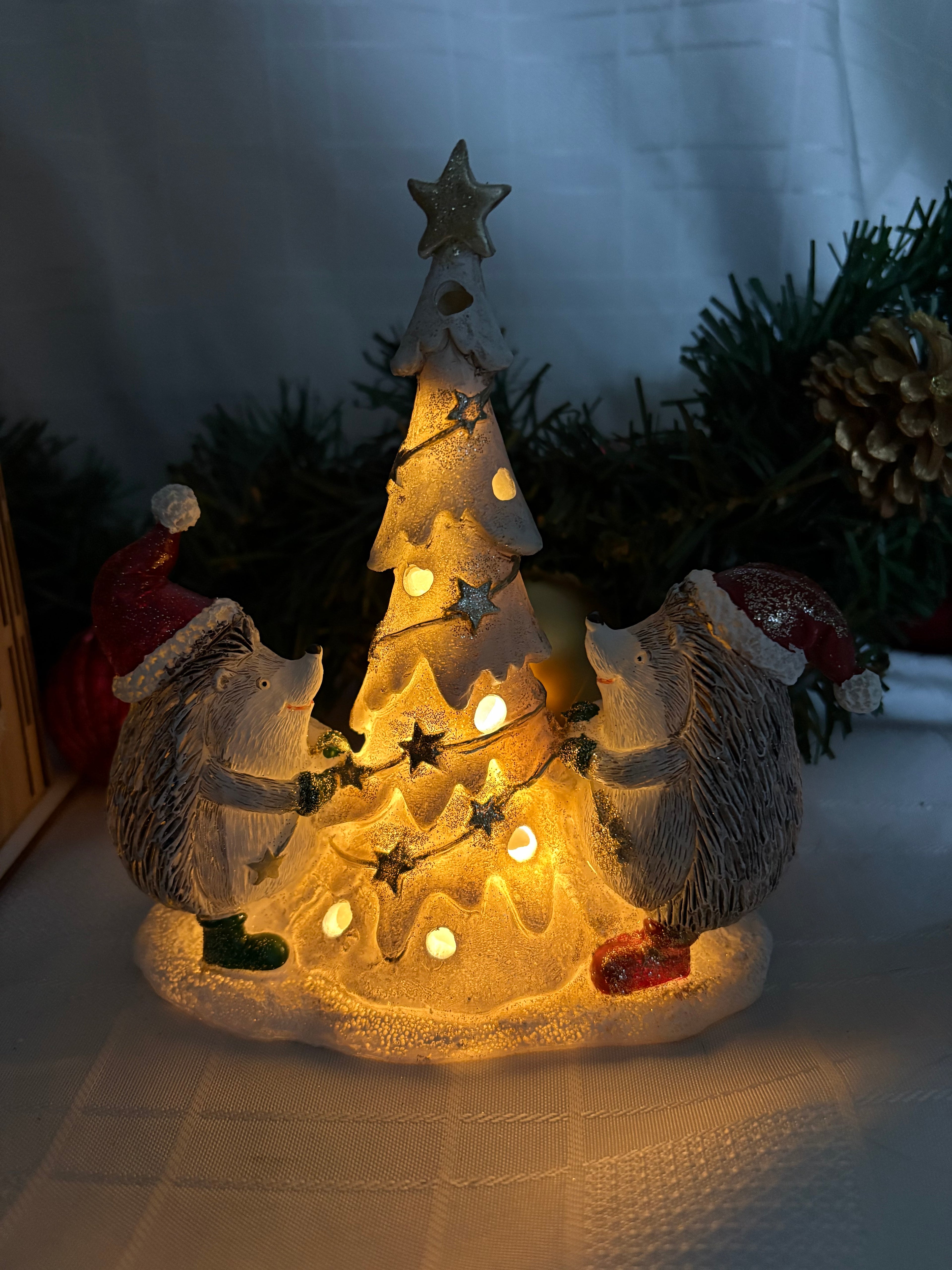 Hedgehogs & Christmas Tree LED Light Up Resin Ornament