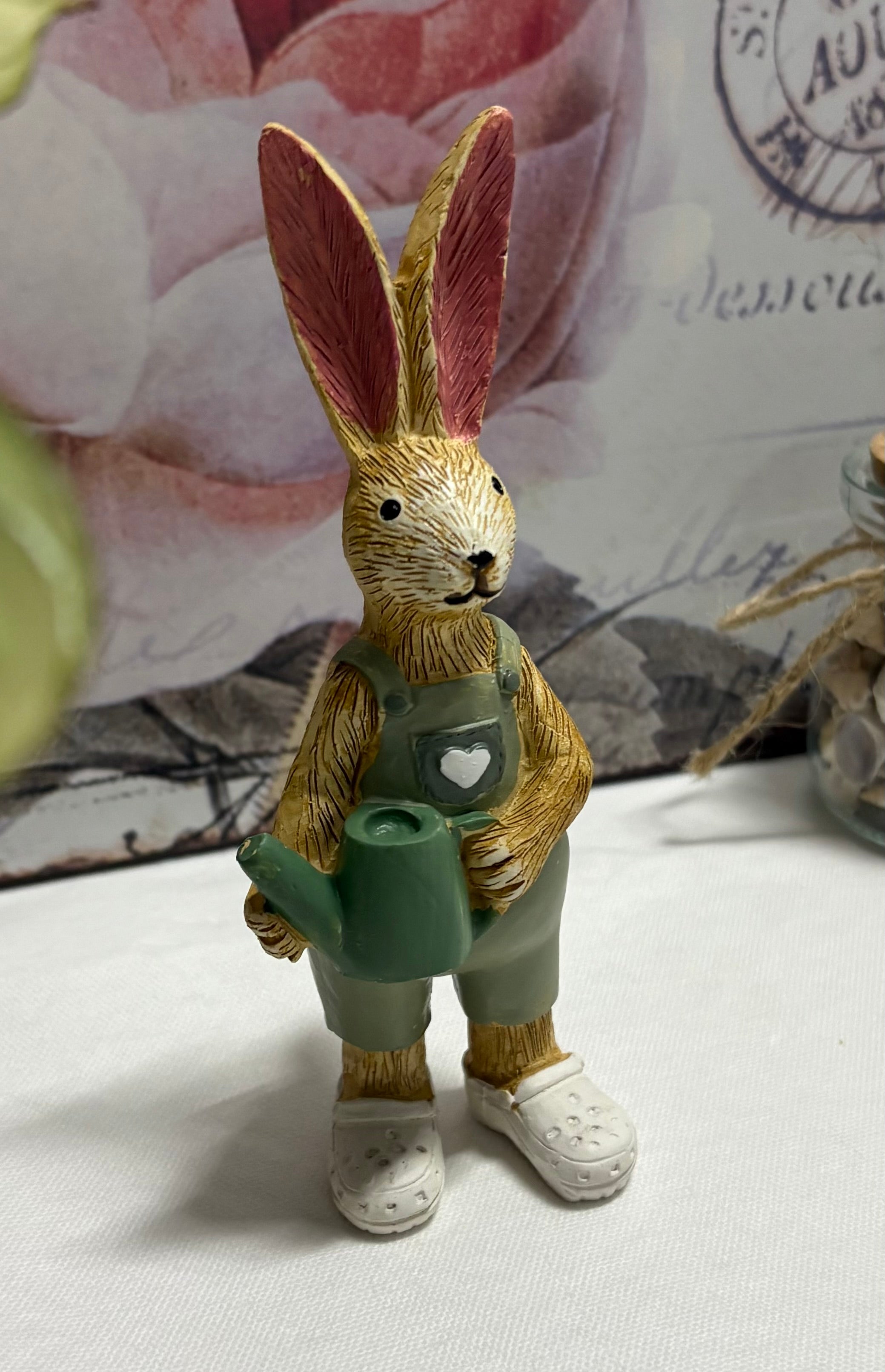 Hand Painted Watering Can Bunny Resin Figure