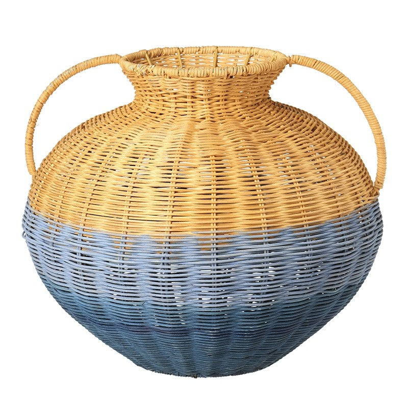 Blue Stripe Rattan Pot Vase With Handles