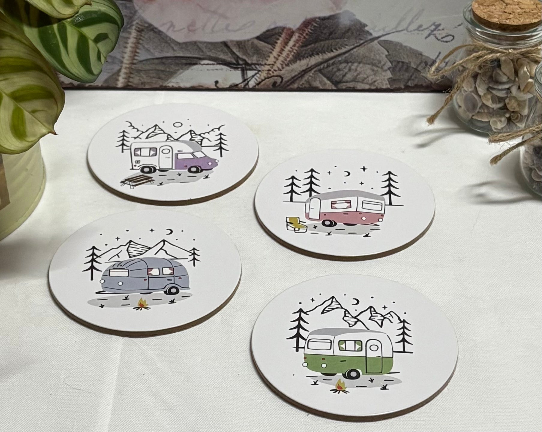 Wildwood Caravan Set Of 4 Cork 10cm Coasters - Boxed