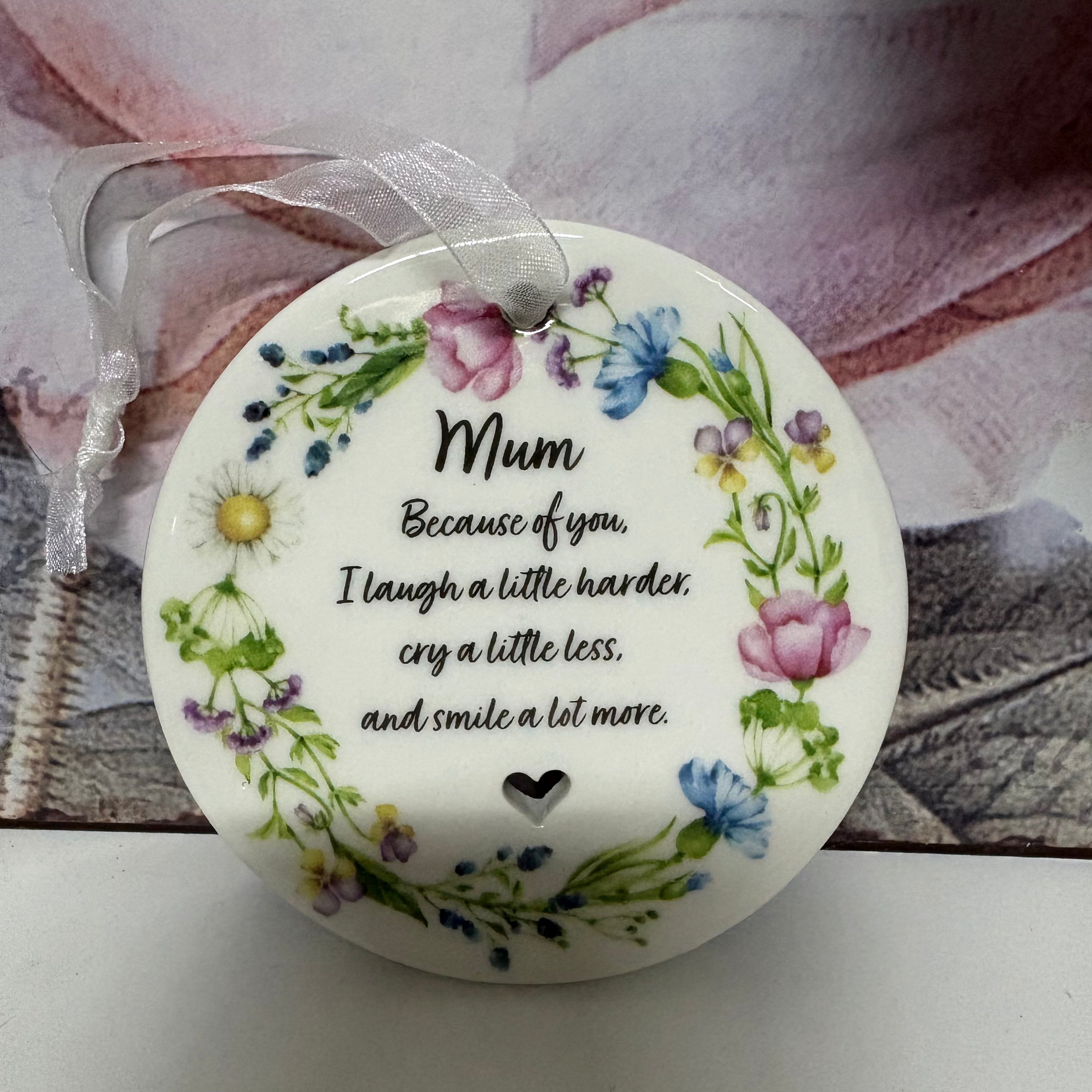 Hanging Ceramic Disc With Heartfelt Mum Message - 2 Designs