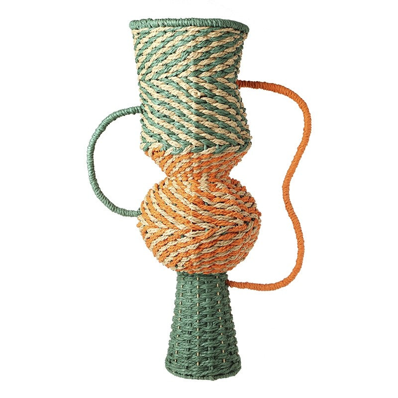Large Orange and Green Rope Vase With Shaped Handles