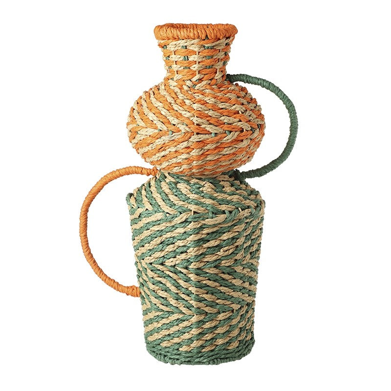Large Orange And Green Rope Vase With Handles