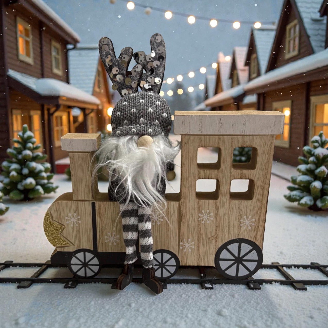 Grey Gonk Sitting On Wooden Train Christmas Ornament