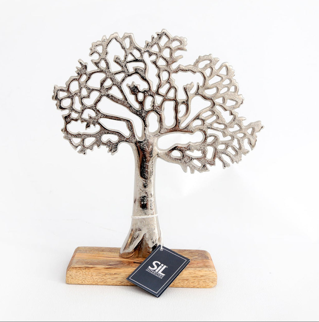 Silver Metal Tree of Life on Wooden Base Ornament