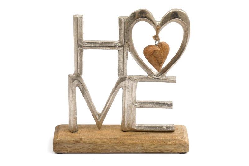 Metal 'Home' Sign with Heart on Wooden Base