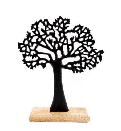 Black Metal Tree of Life on Wooden Base Ornament