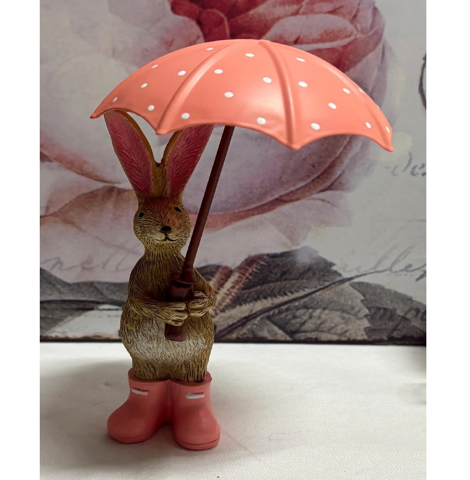 Standing Brown Bunny Rabbit with Pink Umbrella Figure Ornament