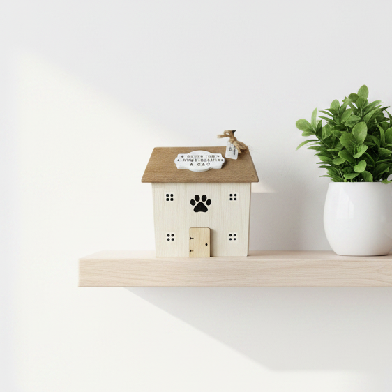 Cat House Ornament with Plant and Book on Shelf