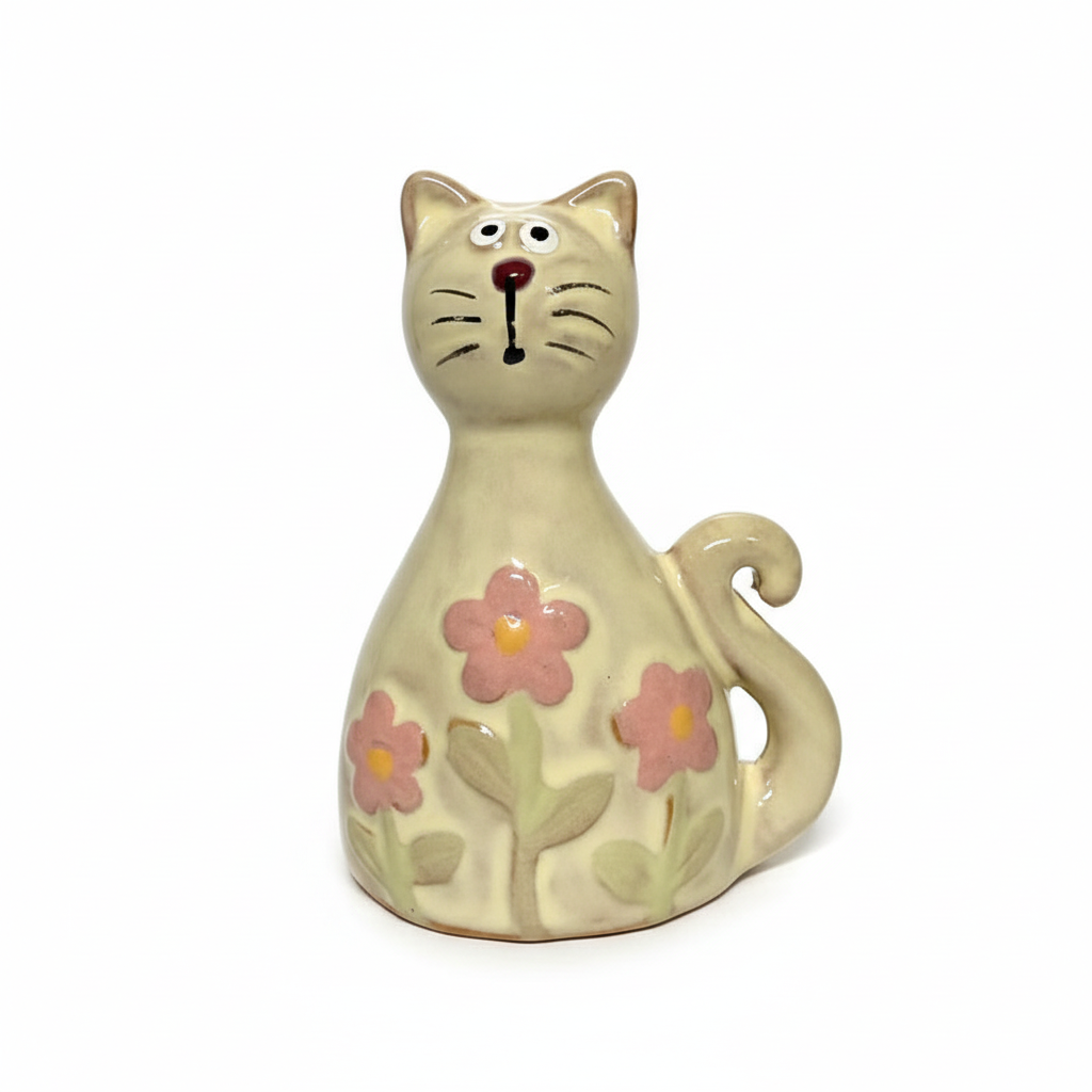 Ceramic cat ornament with pink flowers with background removed