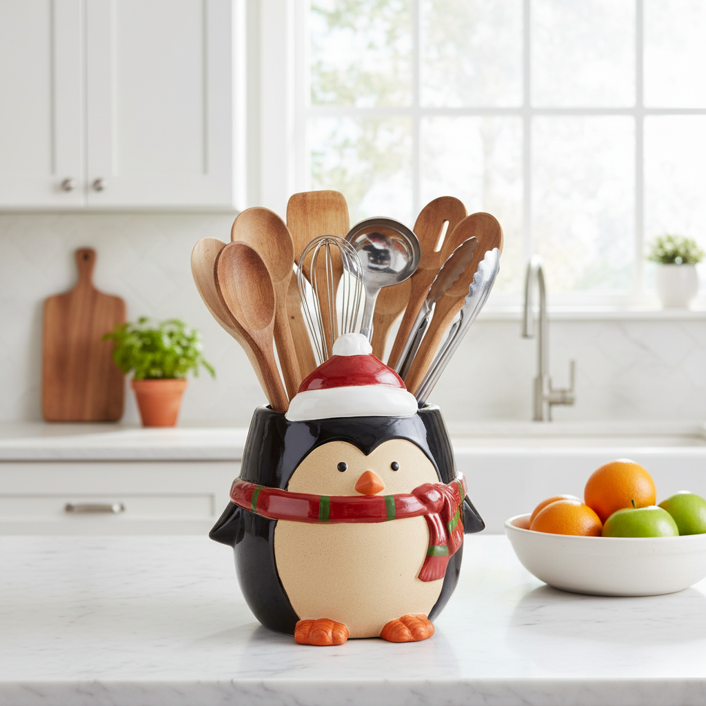 Ceramic penguin container as kitchen utensil holder