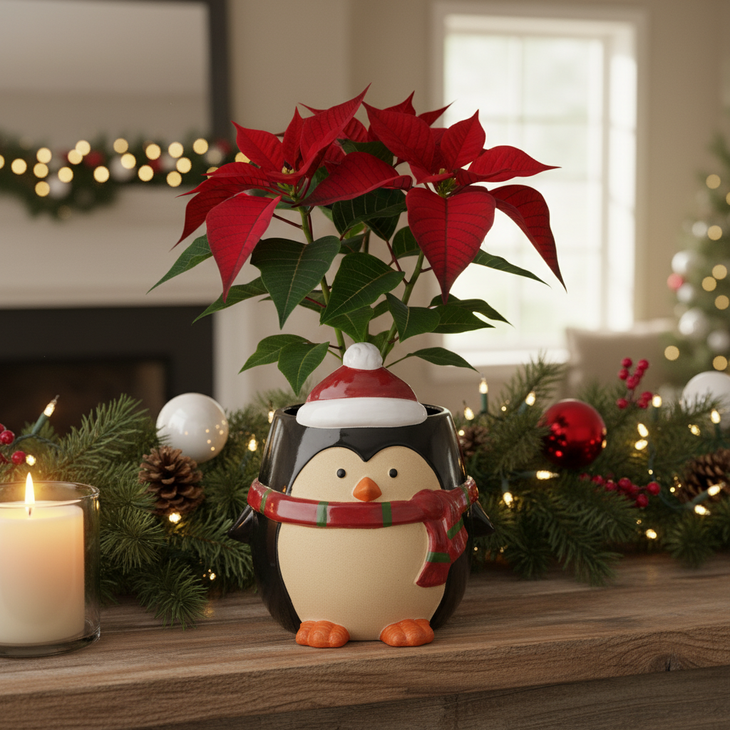 Ceramic penguin planter with poinsettia - Christmas display