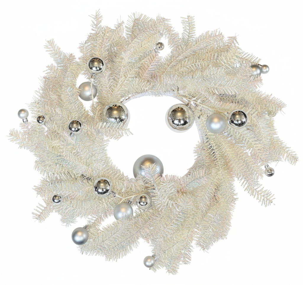 Cream Christmas wreath with silver ornaments - clean background