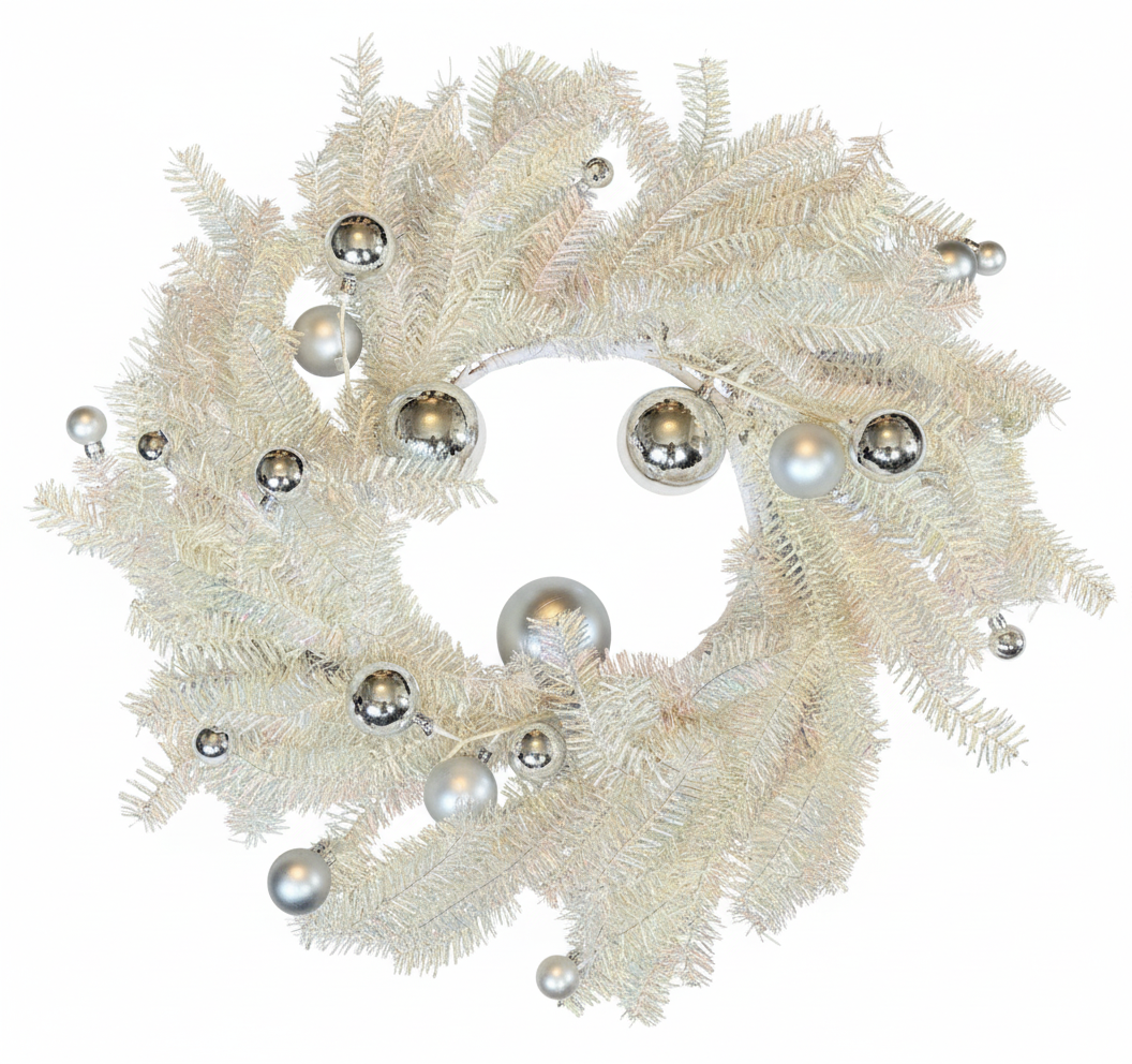 Cream Christmas wreath with silver ornaments - clean background