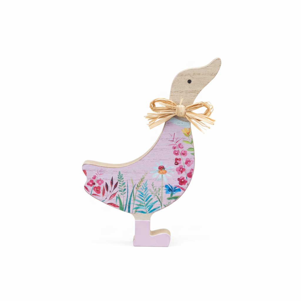 Floral Wooden Duck - White Background Square